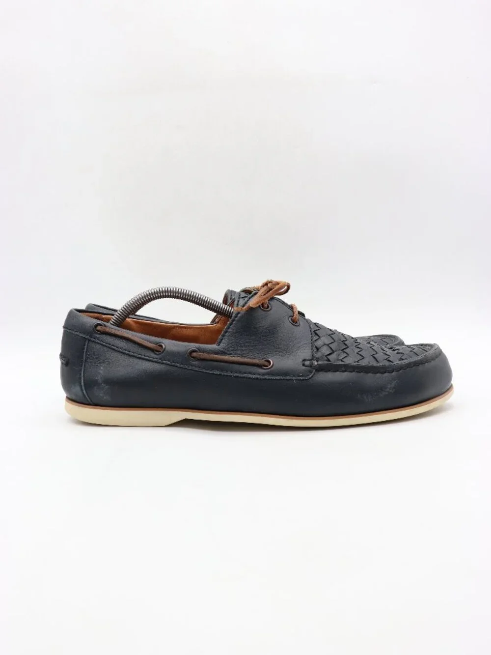 Bottega Veneta Boat Shoes Men's Size EU 44.5 Navy Leather Lace Up Loafers Italy